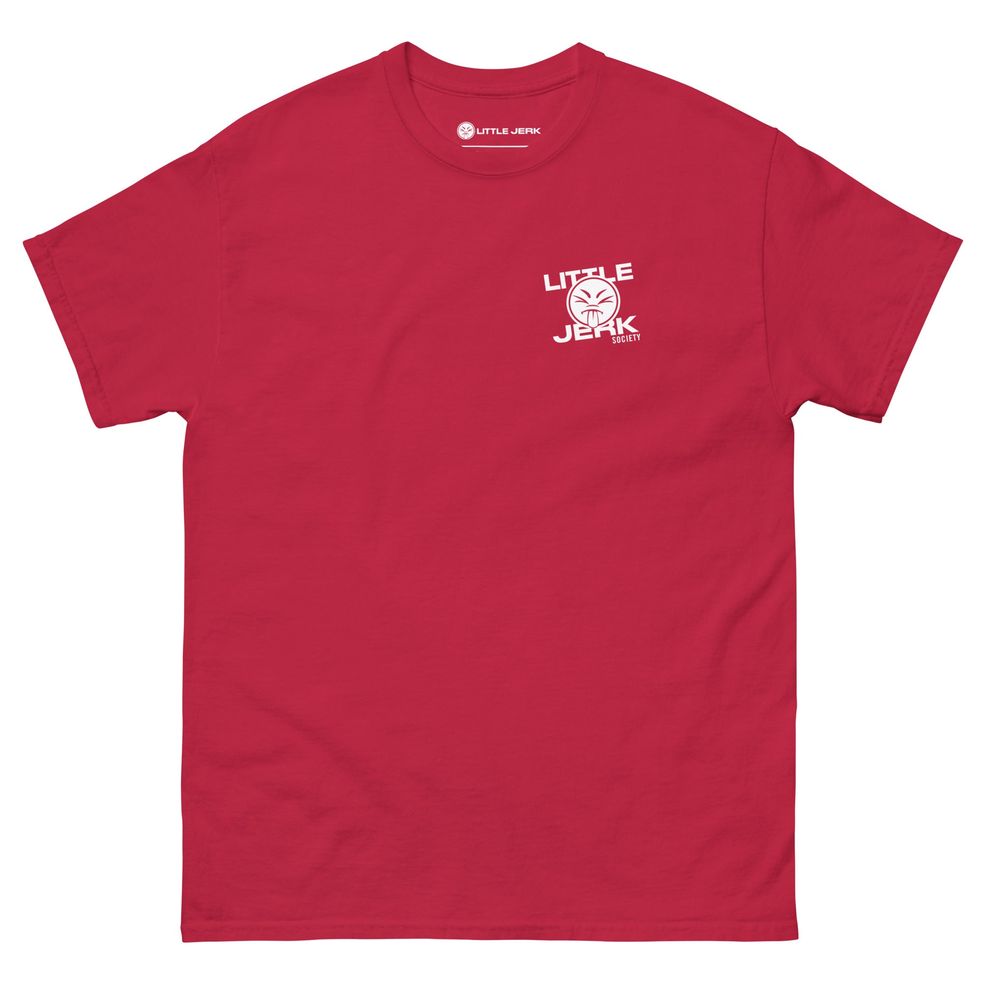 Red t-shirt featuring 'Little Jerky' graphic on the front.