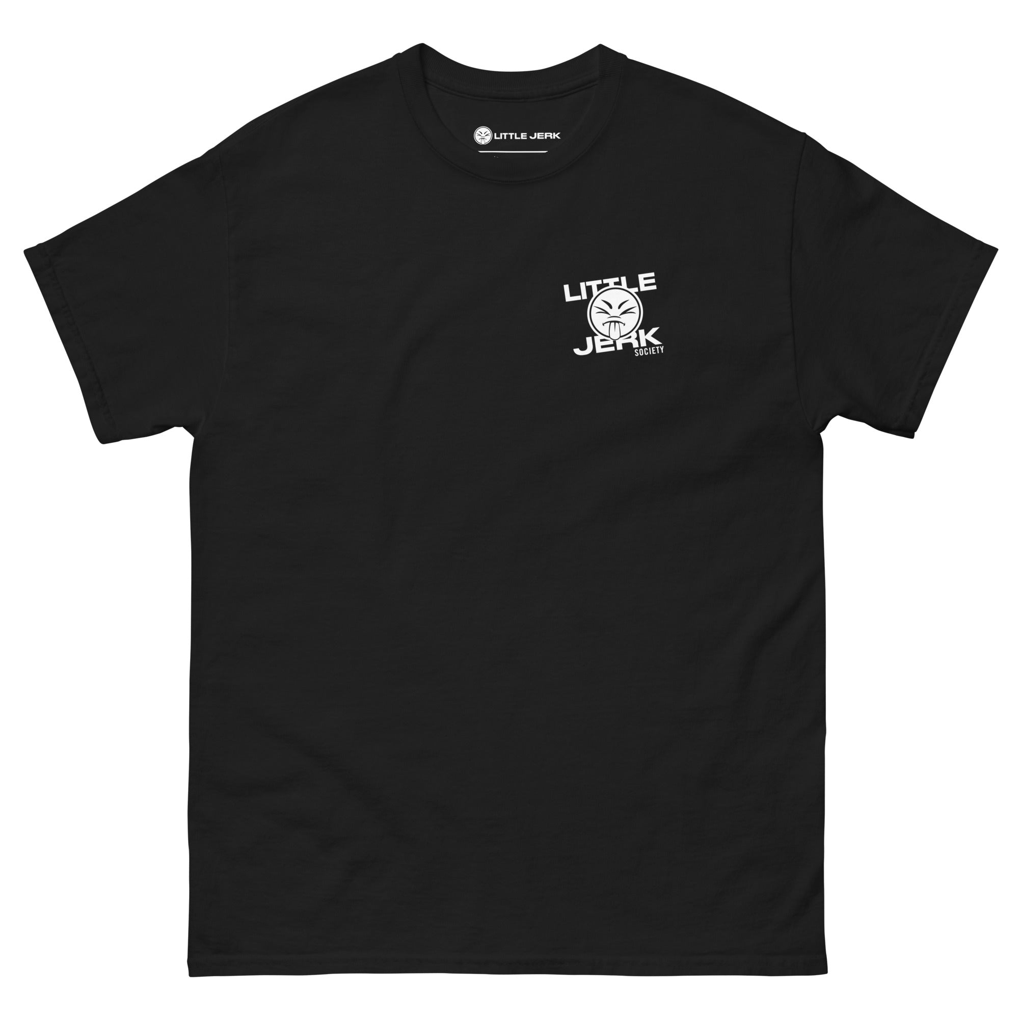 Black T-shirt featuring a logo with the text 'Little Jerk'.