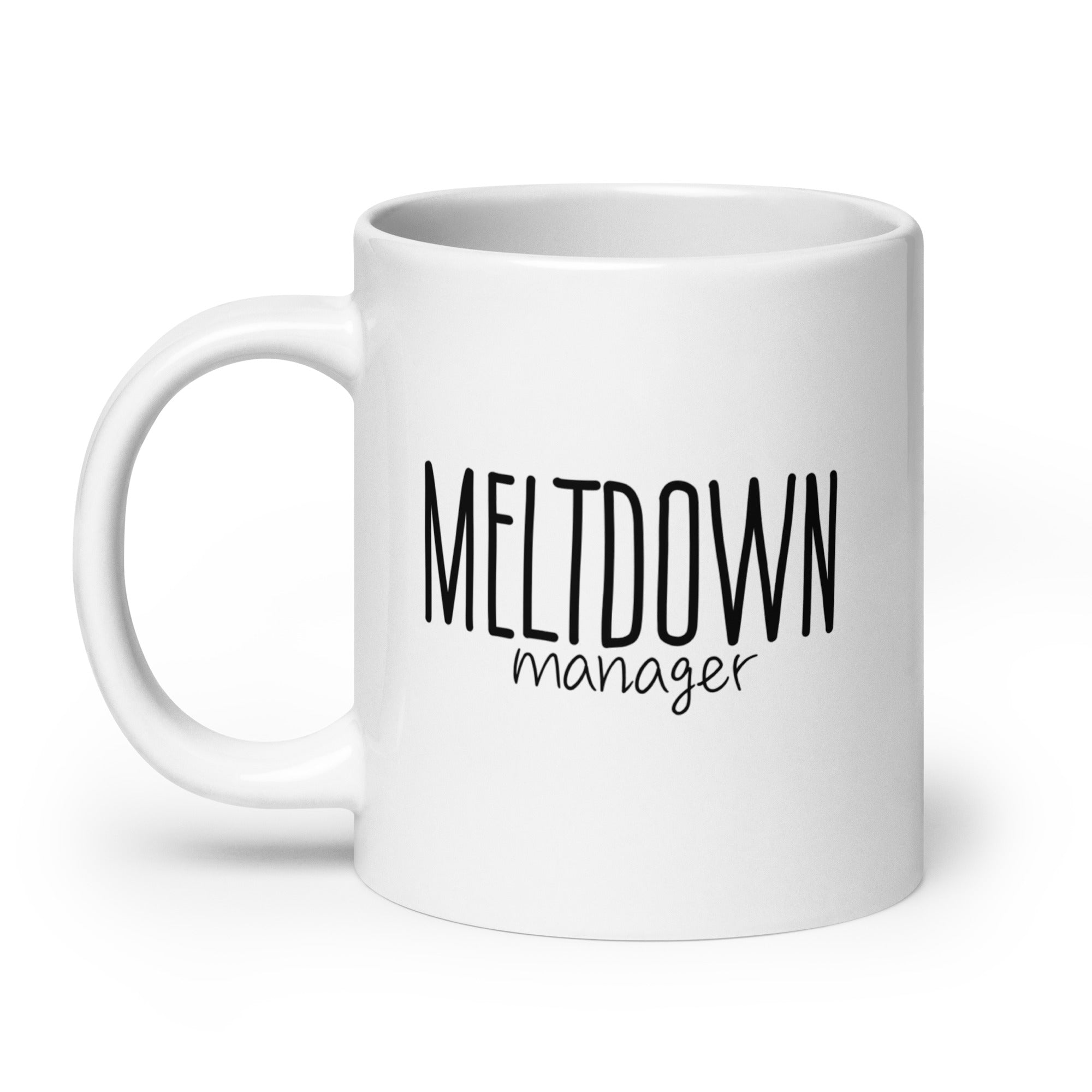 White coffee mug with the text 'MELTDOWN manager' printed on it.