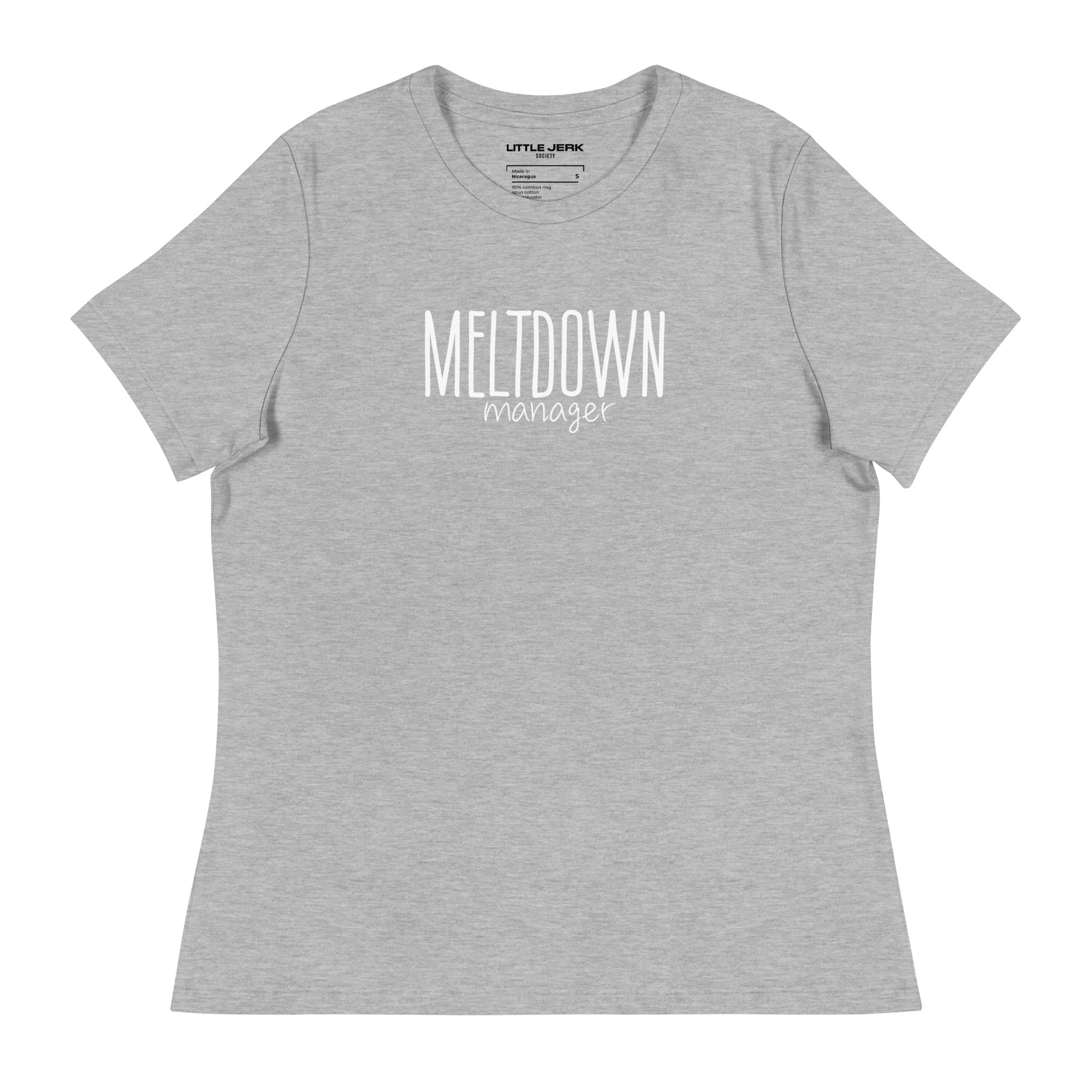 Gray t-shirt with the text 'MELTDOWN manager' printed on it.