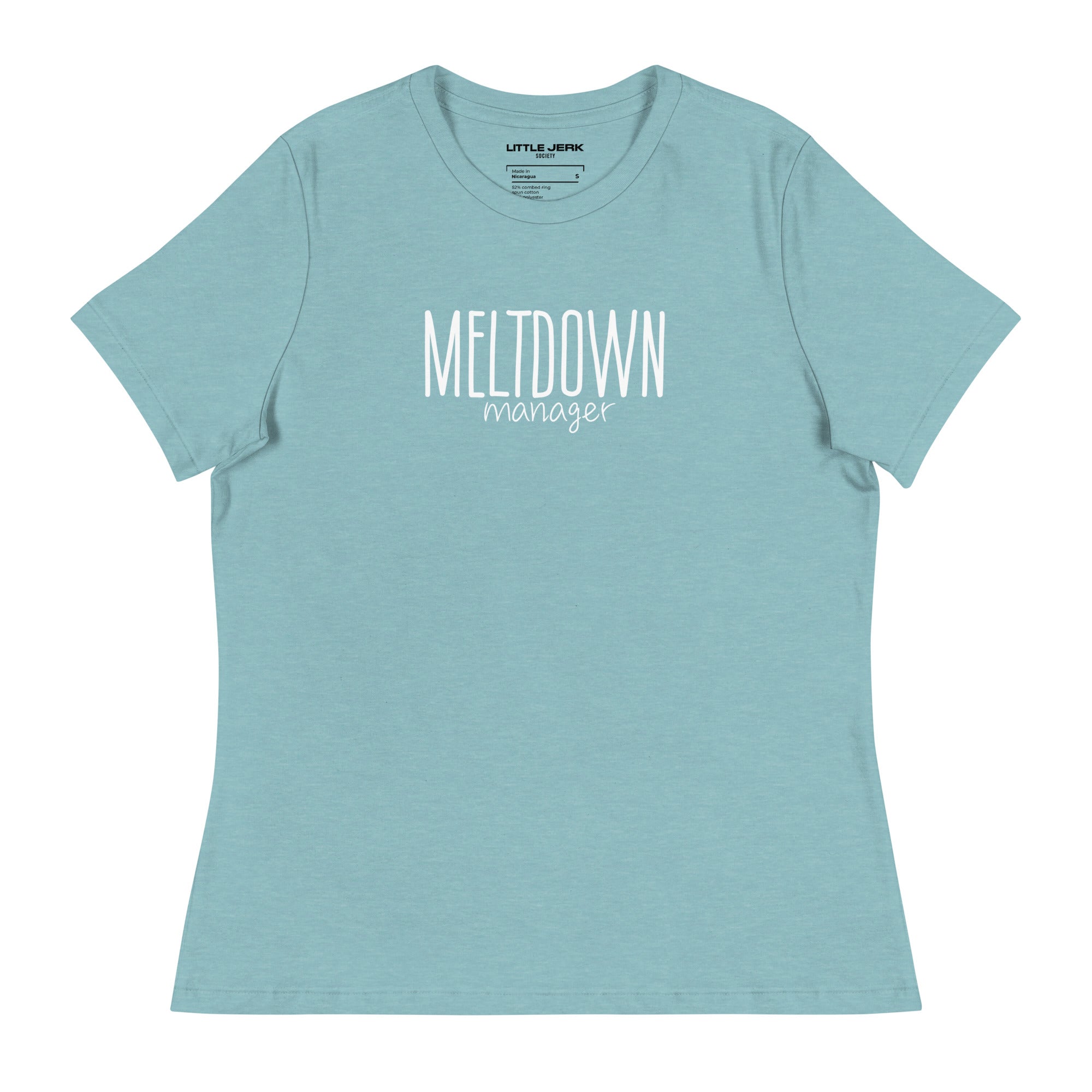 A light teal t-shirt with the text 'MELTDOWN manager' printed on the front.