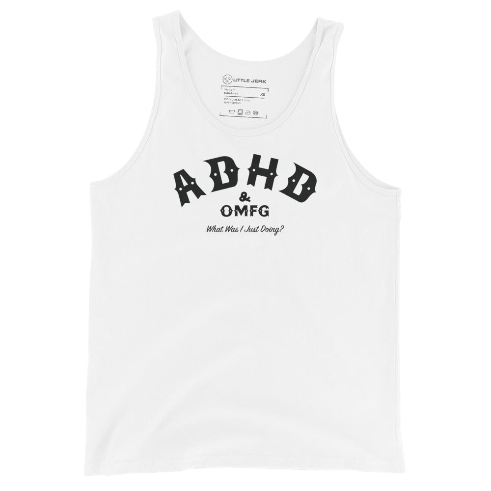 White tank top with 'ADHD & OMFG' printed in black.