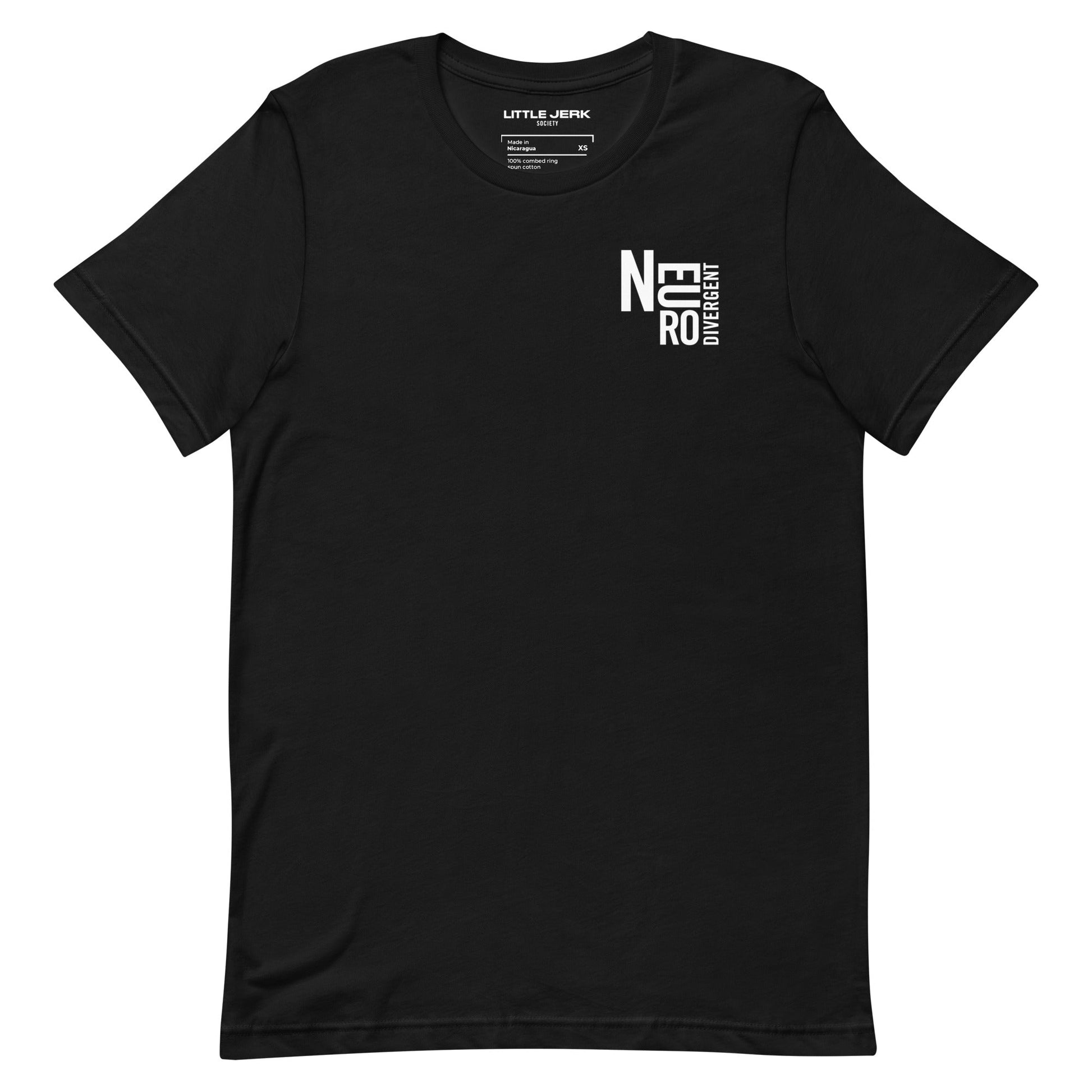 Black t-shirt with a small white graphic on the left chest area