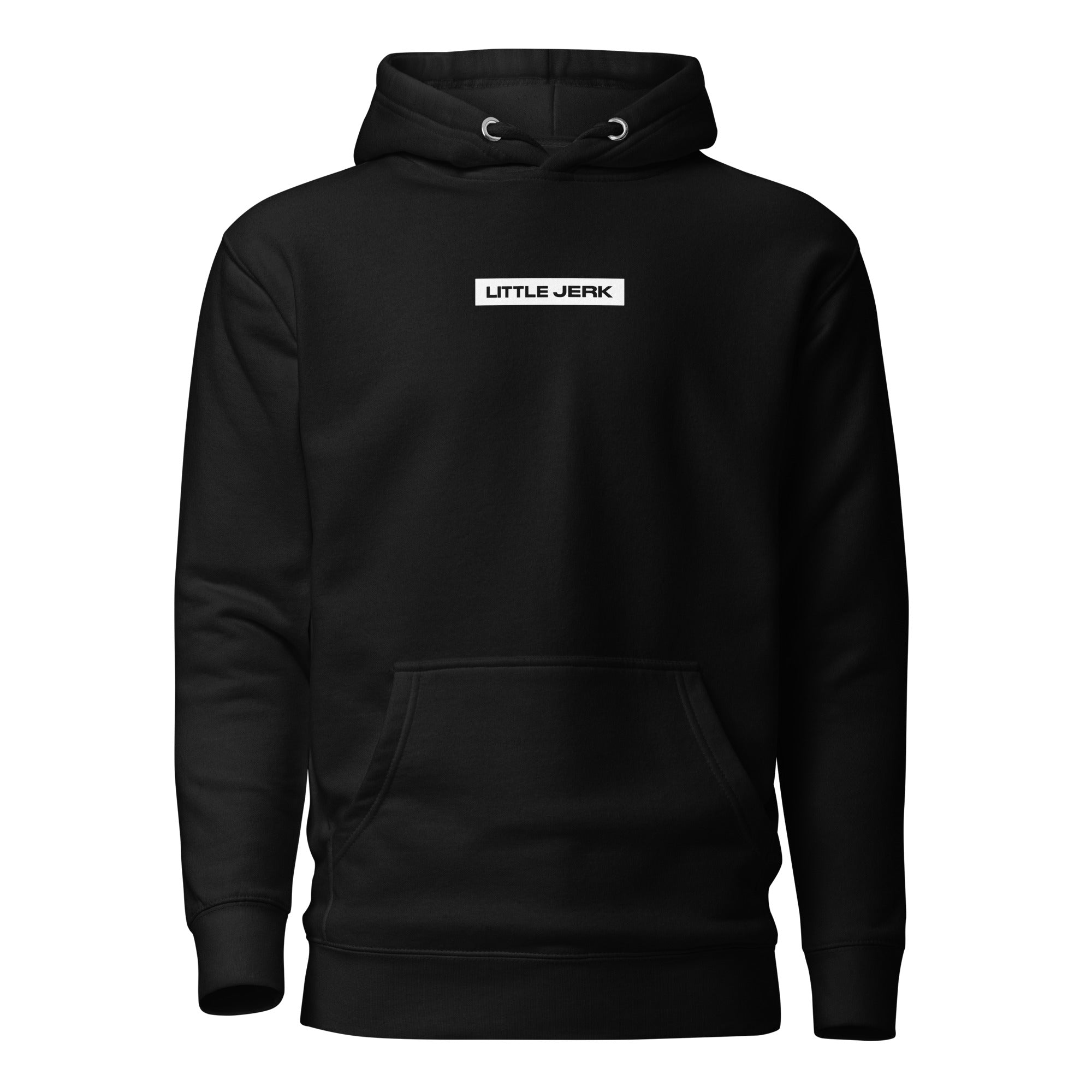 Black hoodie with 'LITTLE JERK' text on the front