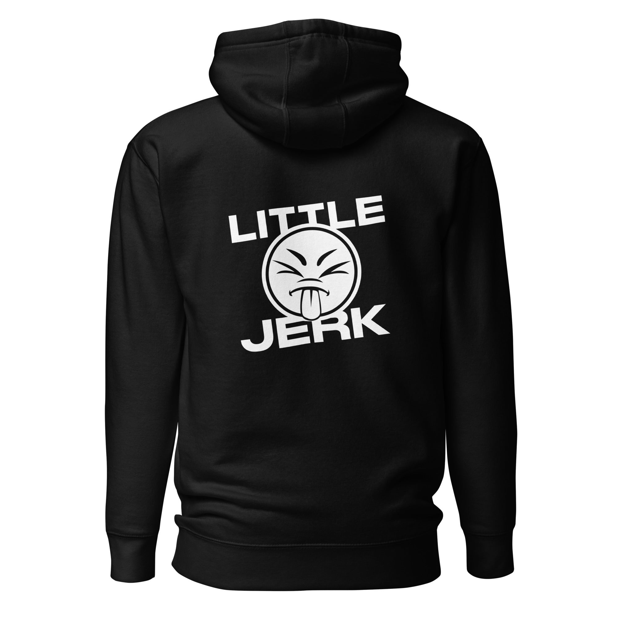 Black hoodie with the text 'LITTLE JERK' and a graphic emblem on the back.