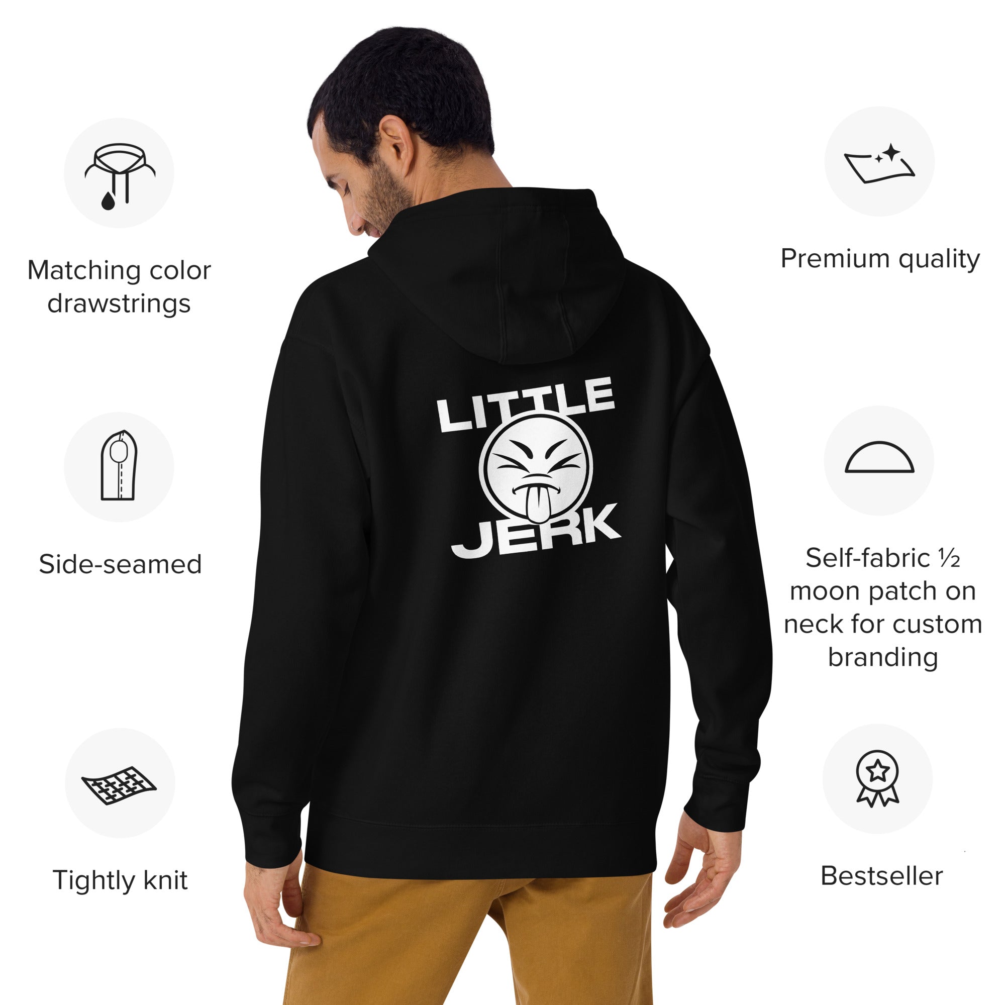 Person wearing a black hoodie with the text 'LITTLE JERK' on the back.