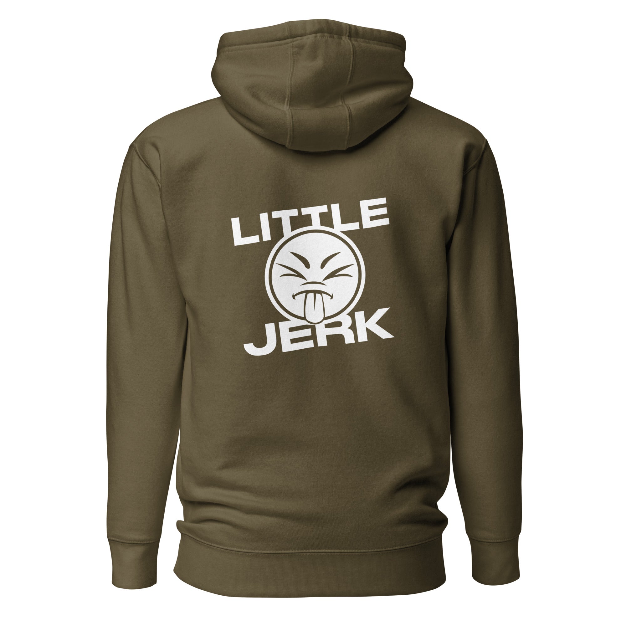 Back view of an olive green hoodie featuring the text 'LITTLE JERK' and a playful graphic.