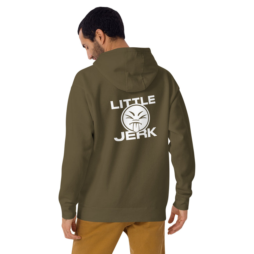 Person wearing an olive green hoodie with the text 'LITTLE JERK' and a graphic design on the back.