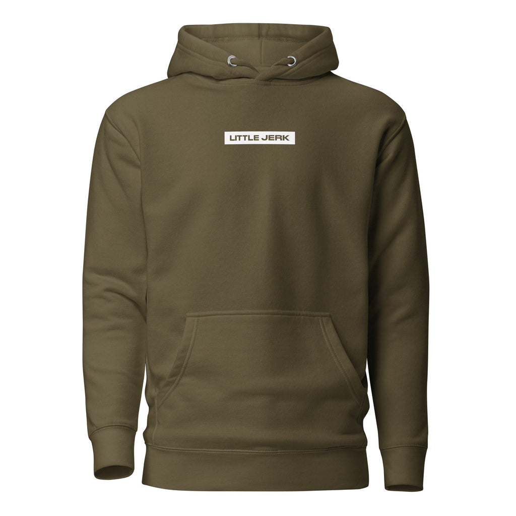 Olive green hoodie with 'LITTLE JERK' text on the front