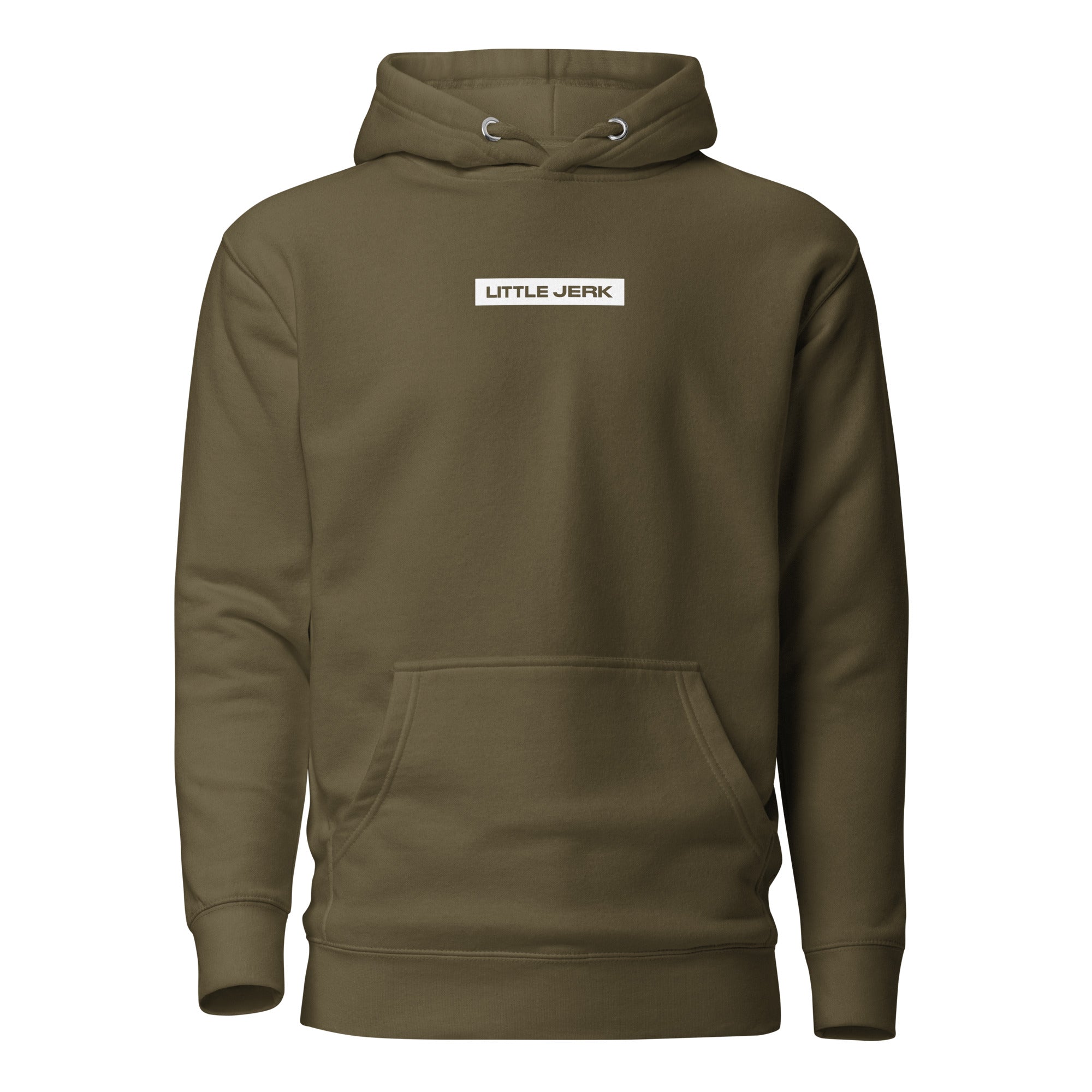 Olive green hoodie with 'LITTLE JERK' text on the front