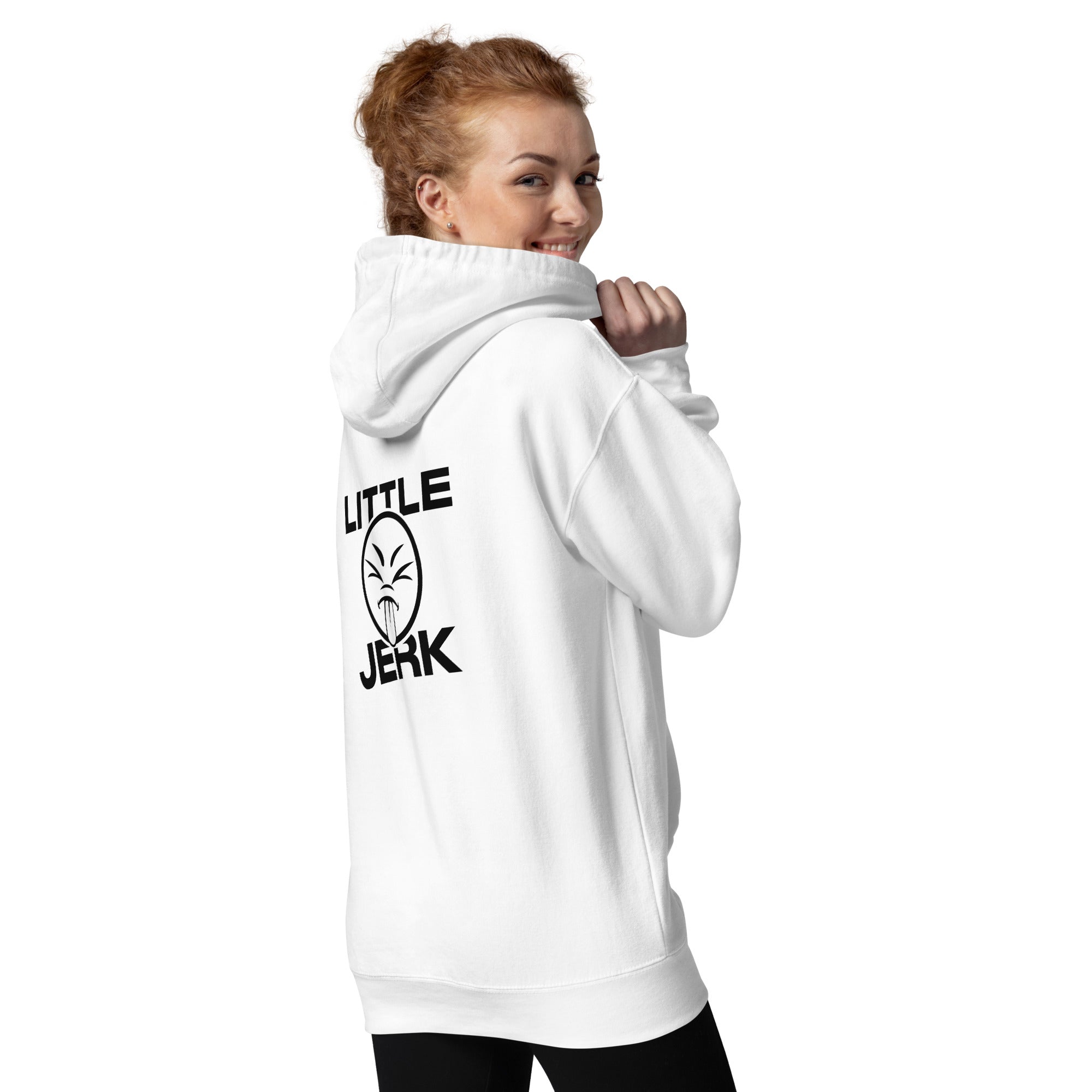 A woman wearing a white hoodie with the words 'LITTLE JERK' and a graphic on the back.