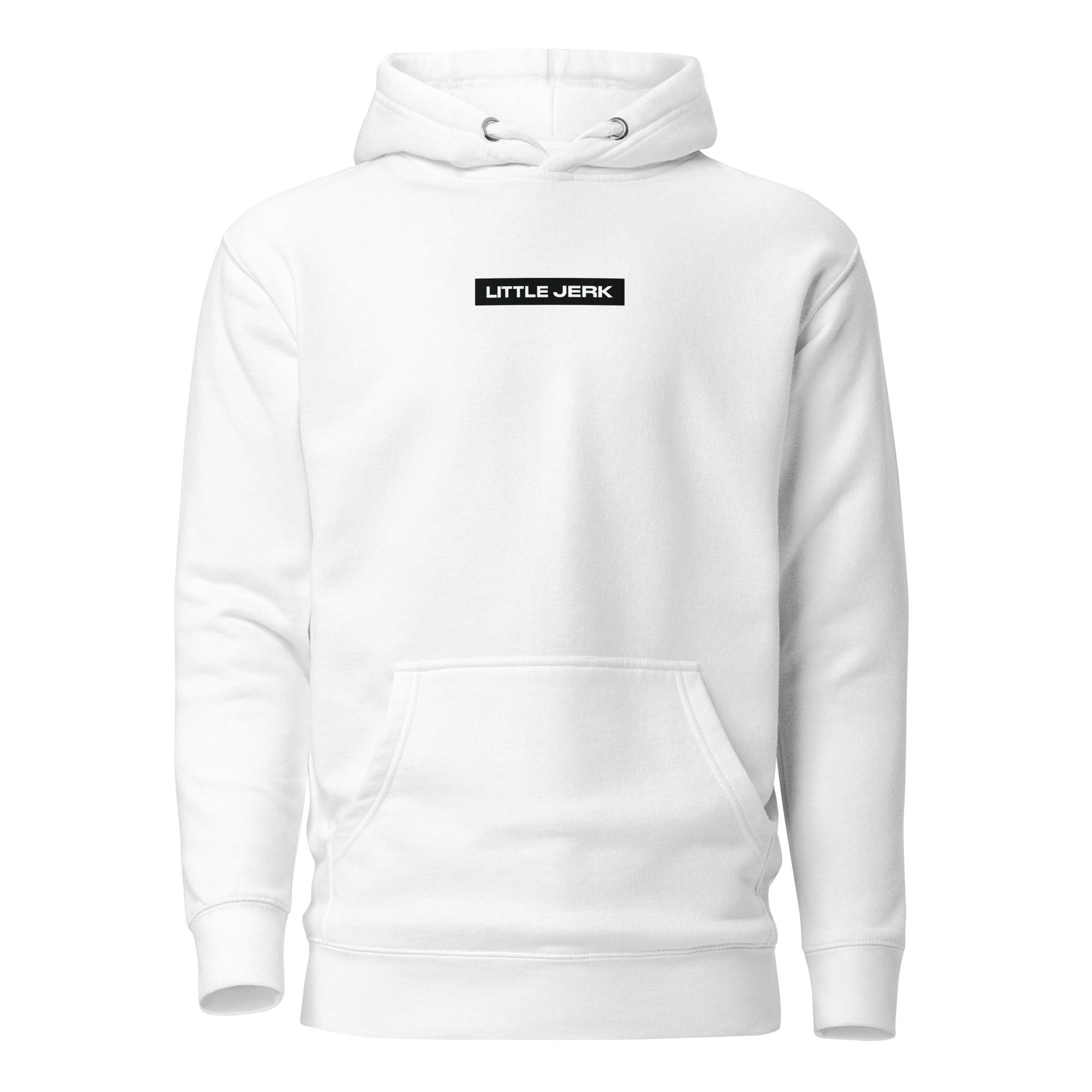 White hoodie with the text 'LITTLE JERK' printed on the front