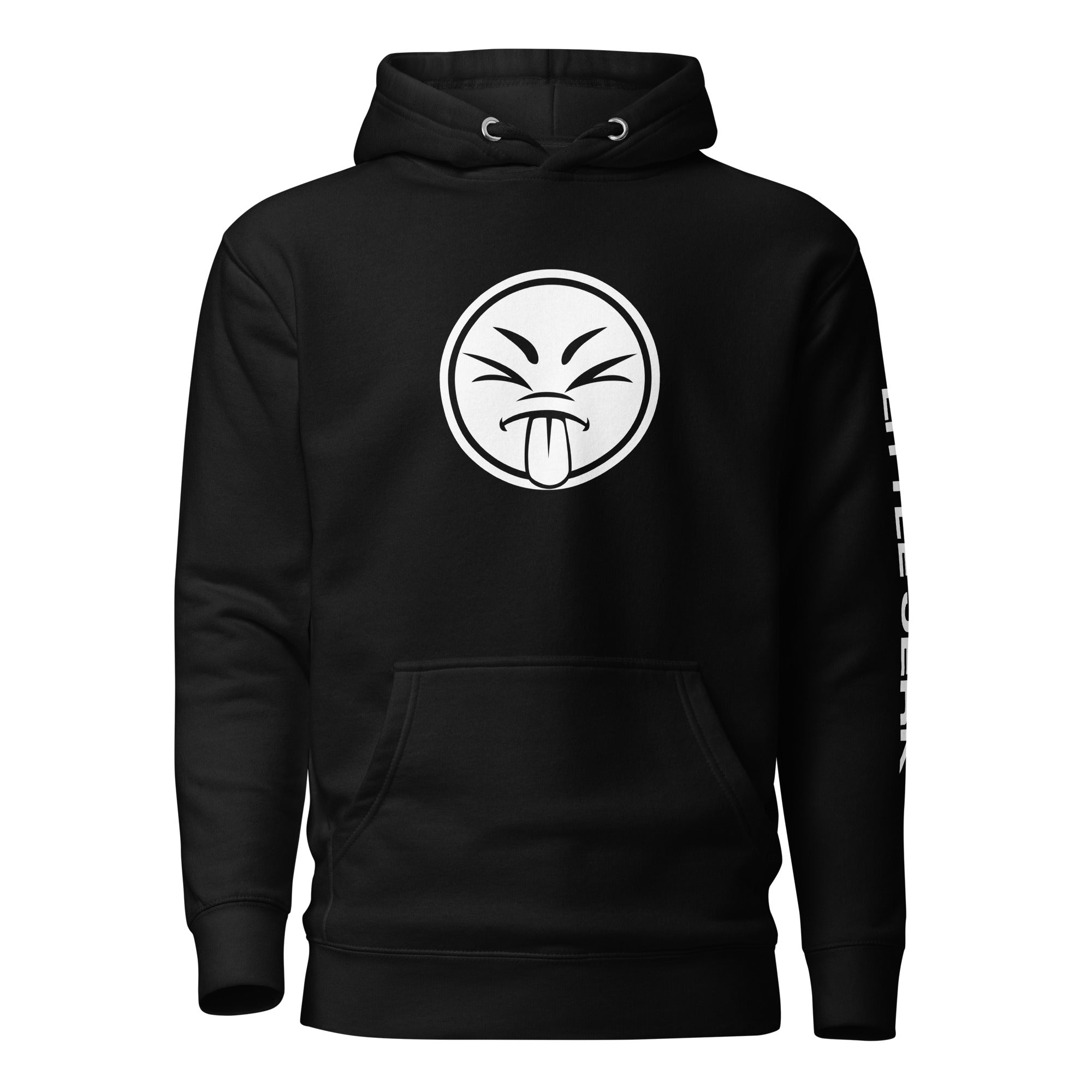 Black hoodie with a white playful graphic on the front