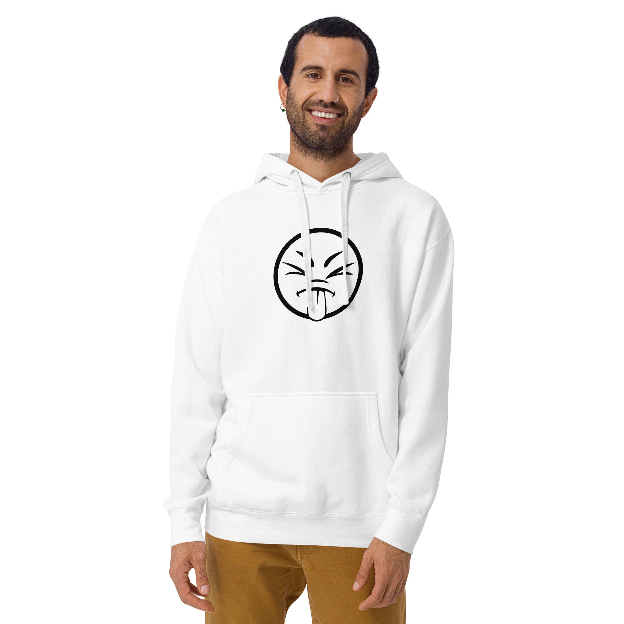 A man smiling while wearing a white hoodie featuring a playful graphic design.