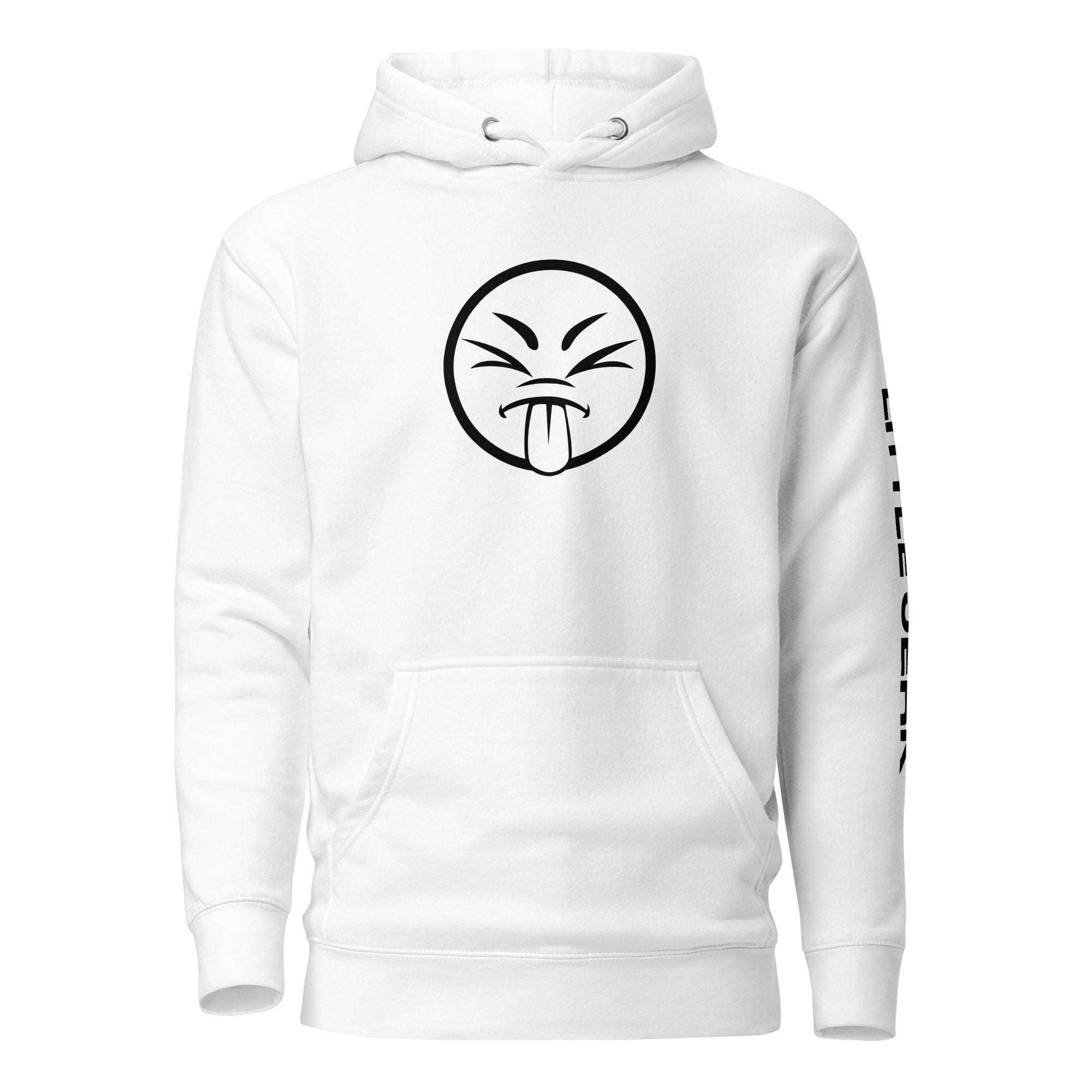 White hoodie featuring a black cartoon face with a tongue sticking out.