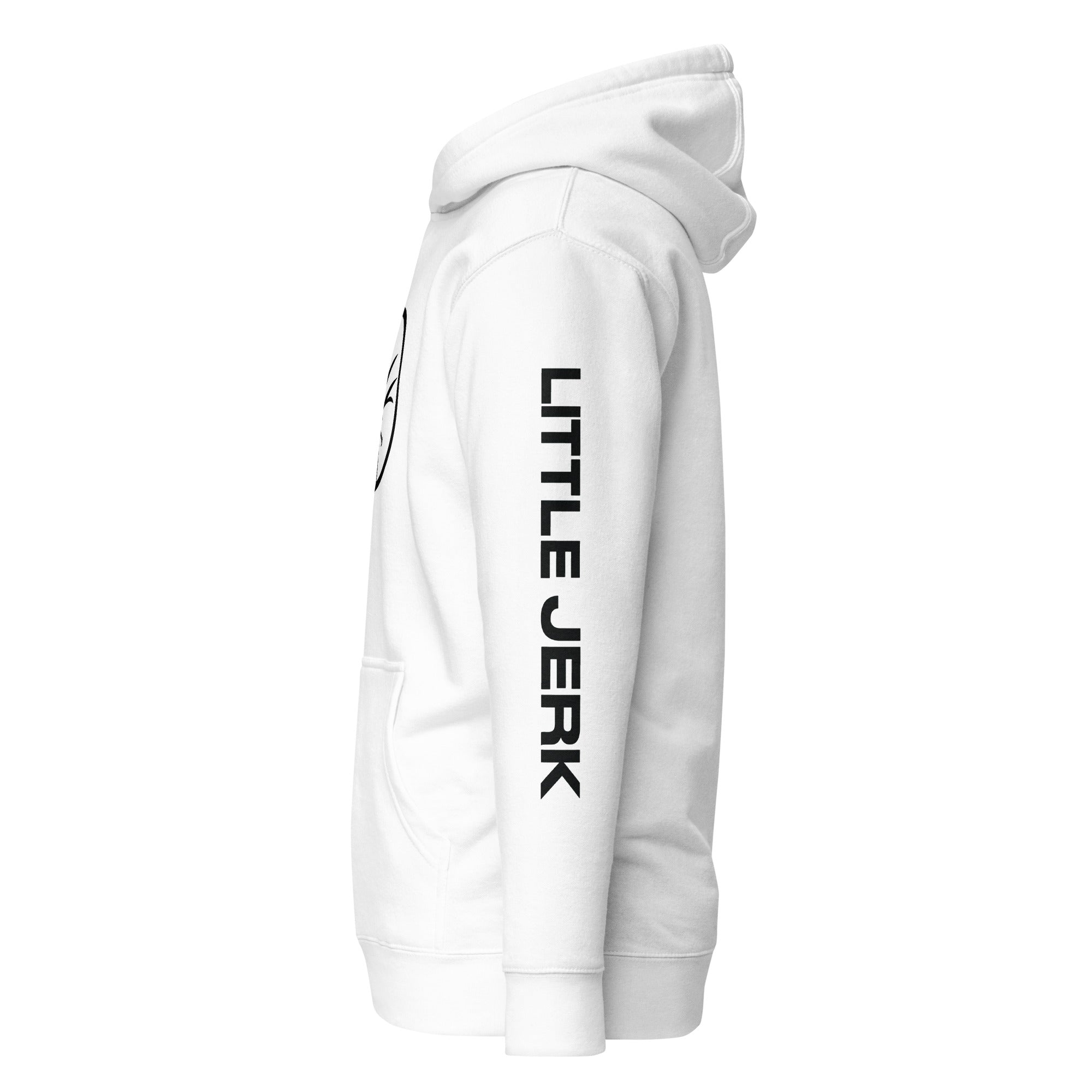 White hoodie with 'LITTLE JERK' text printed on the sleeve