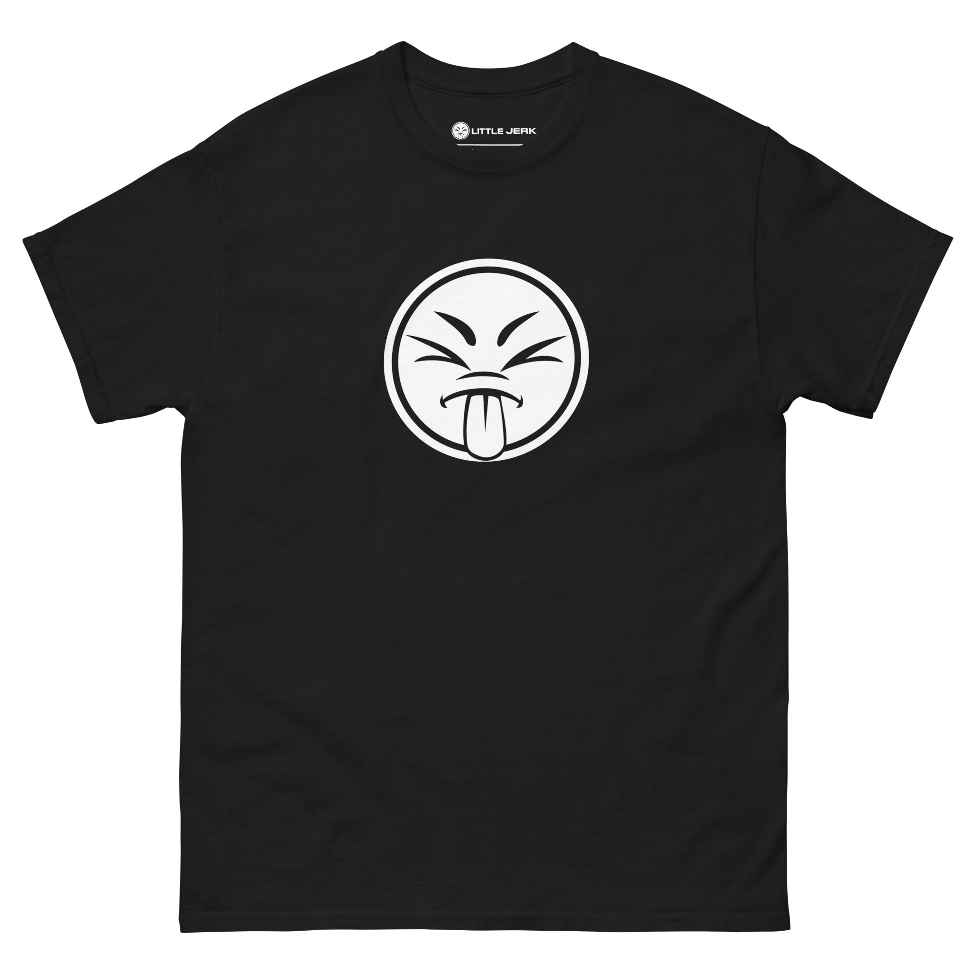 Black t-shirt featuring a white emoticon with a tongue out and an annoyed expression.