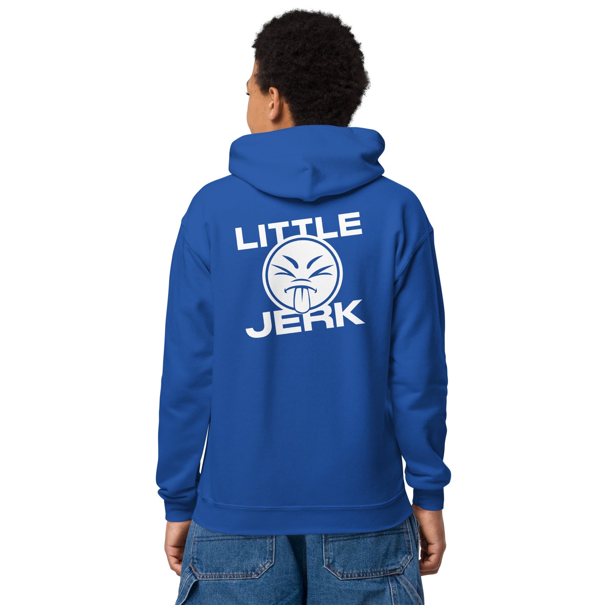 A person wearing a blue hoodie with the text 'LITTLE JERK' and a graphic on the back